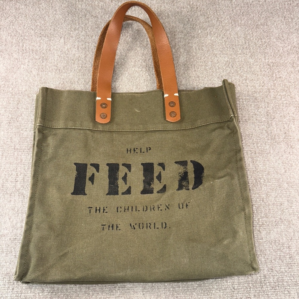 FEED Project Canvas Tote Bag Olive Green Leather Handles Graphic Print